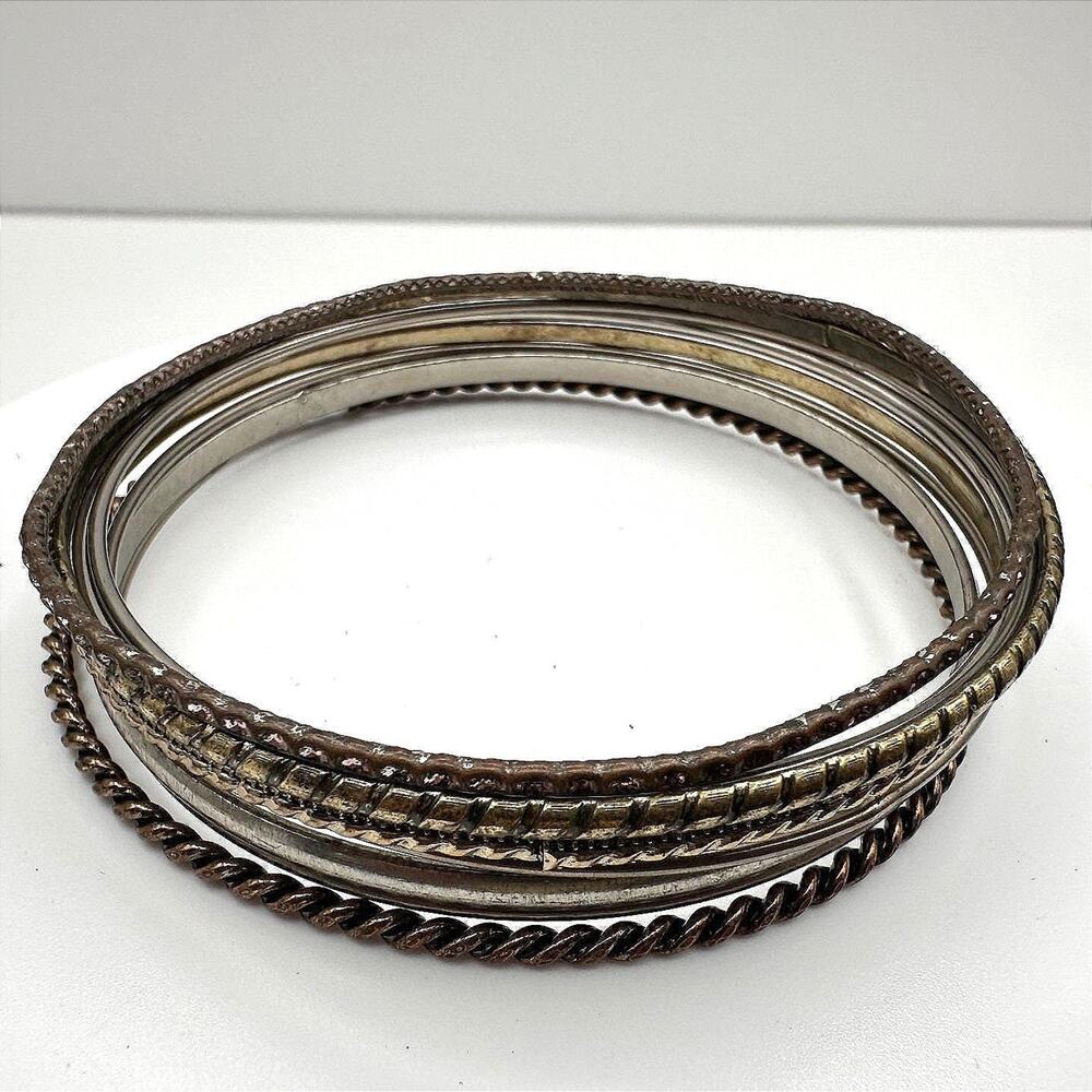 Vintage Mixed Metals Bangle Bracelets Stack Set Twisted Textured Silver Bronze